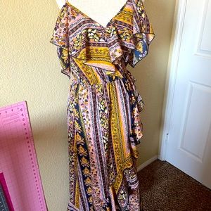 cold shoulder, ruffled wrap dress.